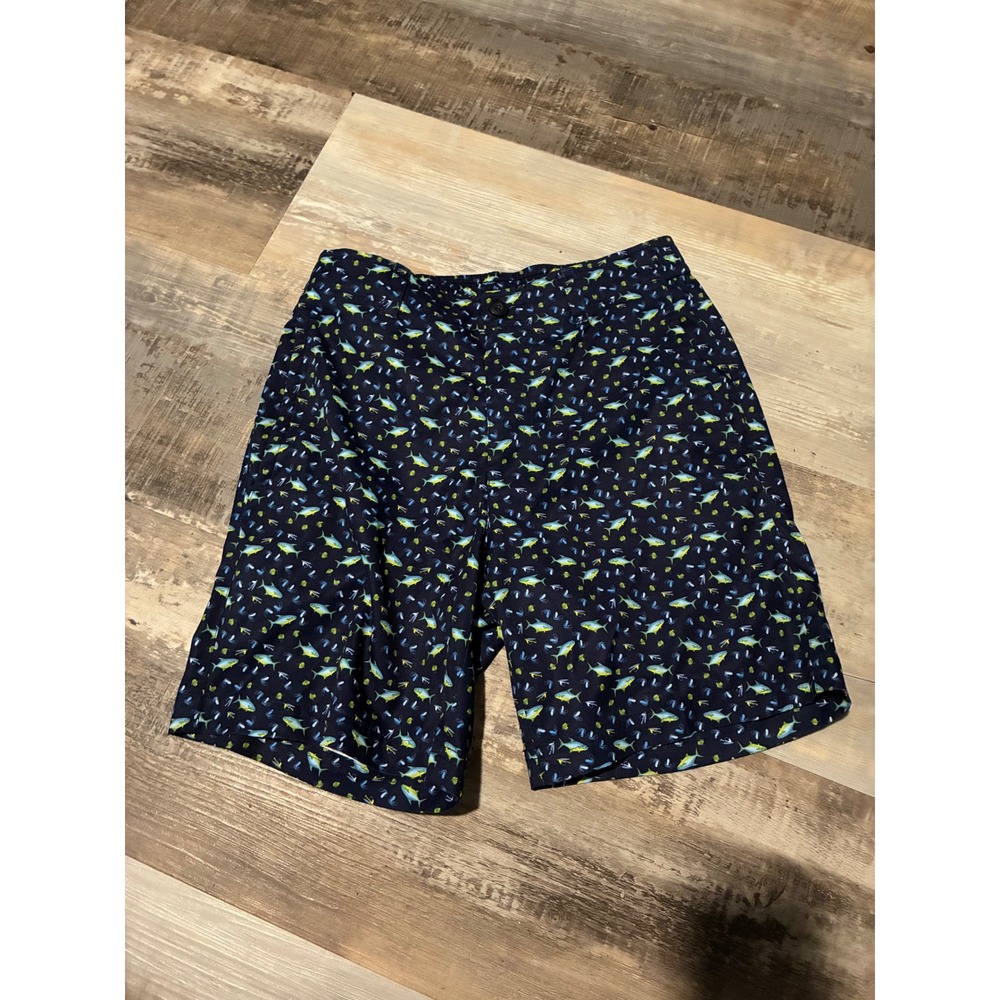 Roundtree & Yorke Performance Mahi Mahi Fishing Shorts Mens 28 Navy Blue Print